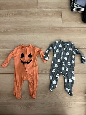 Old Navy Orange Pumpkin & Gray Ghost 0-3M One-Piece Footies